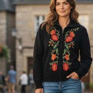 TIARA INTERNATIONAL Boho Floral Embroidered Full Zip Front Sweater - Size M